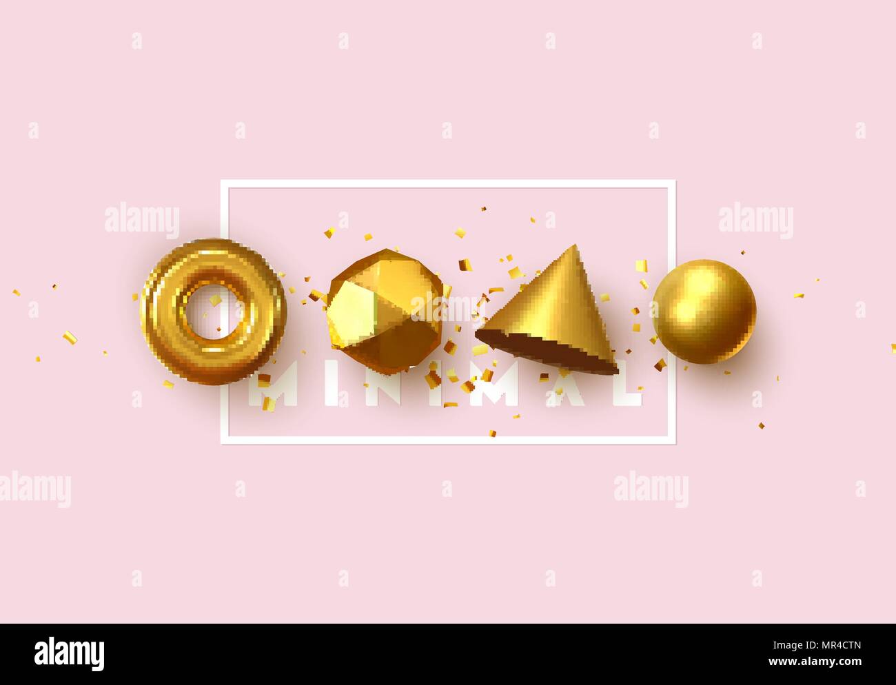 Abstrakte geometrische Hintergrund. 3D-Formen, goldene Farbe Kugel, Torus, Kegel. Kunst Trendy Minimales Design Stock Vektor