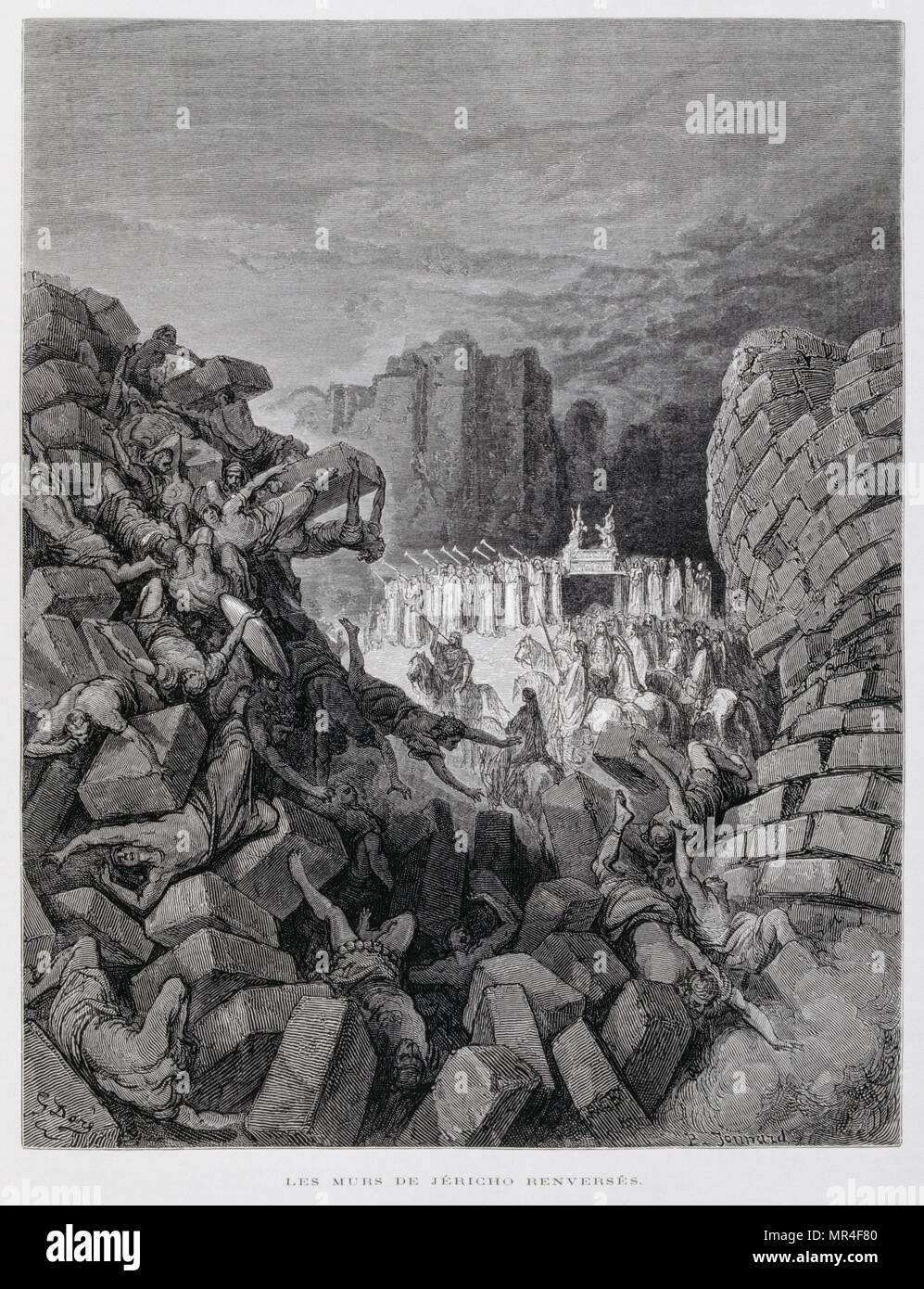 Die Mauern von Jericho nach unten fallen (Josh. 5:16, 6:1-10, 13-19), Illustration aus der Dore Bibel 1866. In 1866 wurde der französische Künstler und Illustrator Gustave Dore (1832-1883), veröffentlichte eine Reihe von 241 Holz Gravuren für eine neue Deluxe Edition der 1843 Französische Übersetzung der Vulgata Bibel, im Volksmund als die Bibel de Touren bekannt. Diese neue Ausgabe wurde bekannt als La Grande Bibel de Tours und seine Illustrationen waren außerordentlich erfolgreich Stockfoto