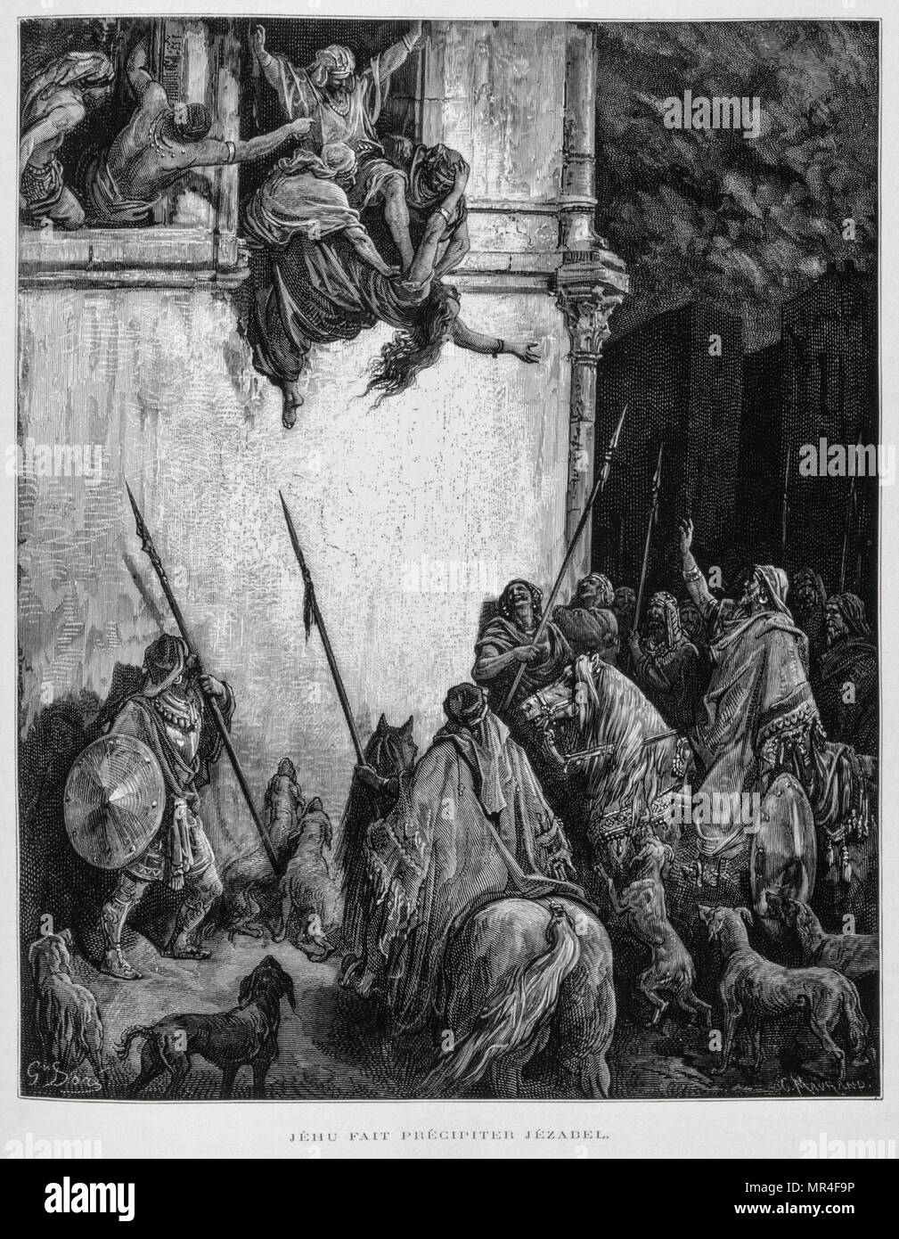 Jehu Bestellungen Königin Isebel aus der Palace Windows geworfen werden, Illustration aus der Dore Bibel 1866. In 1866 wurde der französische Künstler und Illustrator Gustave Dore (1832-1883), veröffentlichte eine Reihe von 241 Holz Gravuren für eine neue Deluxe Edition der 1843 Französische Übersetzung der Vulgata Bibel, im Volksmund als die Bibel de Touren bekannt. Diese neue Ausgabe wurde bekannt als La Grande Bibel de Tours und seine Illustrationen waren außerordentlich erfolgreich. Jehu, der König des Nordreichs Israel (Samaria), um das Haus Ahabs, regierte von 842-815 B.C.E Stockfoto