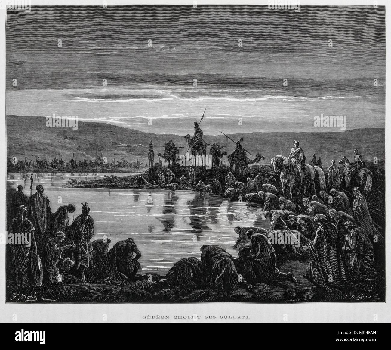 Gideon wählt seine Männer, Abbildung aus dem Dore Bibel 1866. In 1866 wurde der französische Künstler und Illustrator Gustave Dore (1832-1883), veröffentlichte eine Reihe von 241 Holz Gravuren für eine neue Deluxe Edition der 1843 Französische Übersetzung der Vulgata Bibel, im Volksmund als die Bibel de Touren bekannt. Diese neue Ausgabe wurde bekannt als La Grande Bibel de Tours und seine Illustrationen waren außerordentlich erfolgreich. Gideon war ein militärischer Führer, Richter und Prophet. Stockfoto