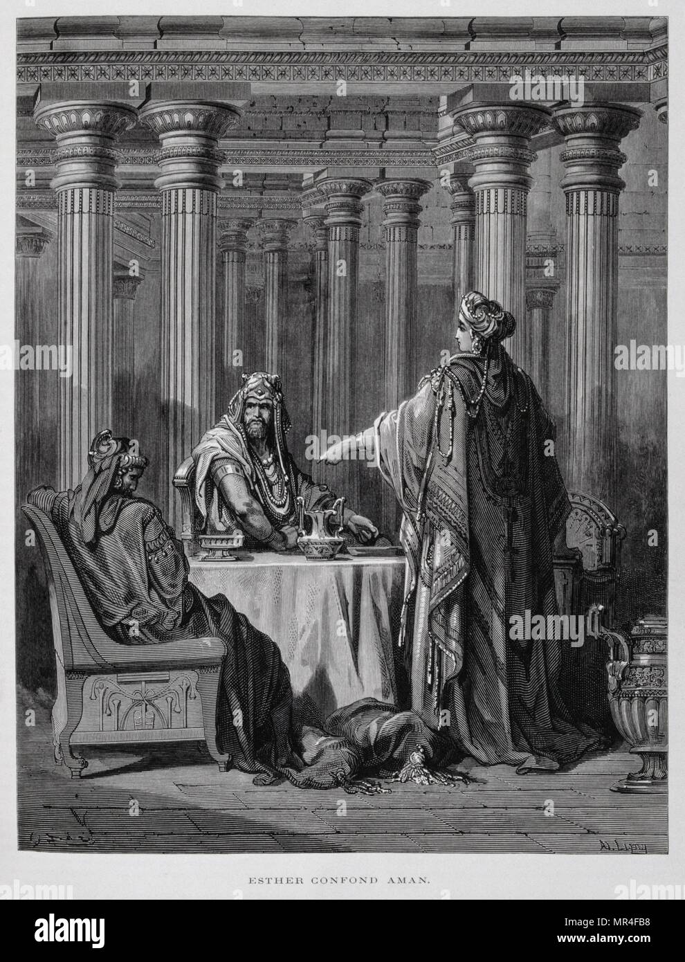 Haman von Queen Esther, Illustration aus der Dore Bibel 1866 angeprangert. In 1866 wurde der französische Künstler und Illustrator Gustave Dore (1832-1883), veröffentlichte eine Reihe von 241 Holz Gravuren für eine neue Deluxe Edition der 1843 Französische Übersetzung der Vulgata Bibel, im Volksmund als die Bibel de Touren bekannt. Diese neue Ausgabe wurde bekannt als La Grande Bibel de Tours und seine Illustrationen waren außerordentlich erfolgreich. Stockfoto