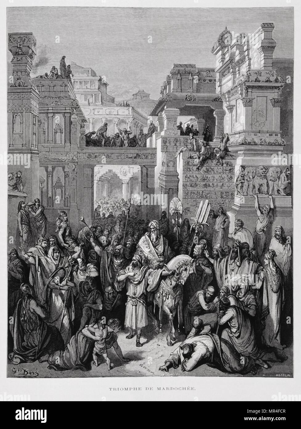 Triumph des Mardochai, Abbildung aus dem Dore Bibel 1866. In 1866 wurde der französische Künstler und Illustrator Gustave Dore (1832-1883), veröffentlichte eine Reihe von 241 Holz Gravuren für eine neue Deluxe Edition der 1843 Französische Übersetzung der Vulgata Bibel, im Volksmund als die Bibel de Touren bekannt. Diese neue Ausgabe wurde bekannt als La Grande Bibel de Tours und seine Illustrationen waren außerordentlich erfolgreich. Esther und zeigt ihr Verwandter Mardochai reiten im Triumph durch die Straßen von Susa, geführt von seinem Feind Haman. Stockfoto