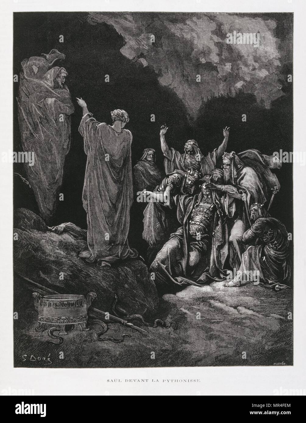 Saul und die Hexe von Endor, Abbildung aus dem Dore Bibel 1866. In 1866 wurde der französische Künstler und Illustrator Gustave Dore (1832-1883), veröffentlichte eine Reihe von 241 Holz Gravuren für eine neue Deluxe Edition der 1843 Französische Übersetzung der Vulgata Bibel, im Volksmund als die Bibel de Touren bekannt. Diese neue Ausgabe wurde bekannt als La Grande Bibel de Tours und seine Illustrationen waren außerordentlich erfolgreich. Stockfoto