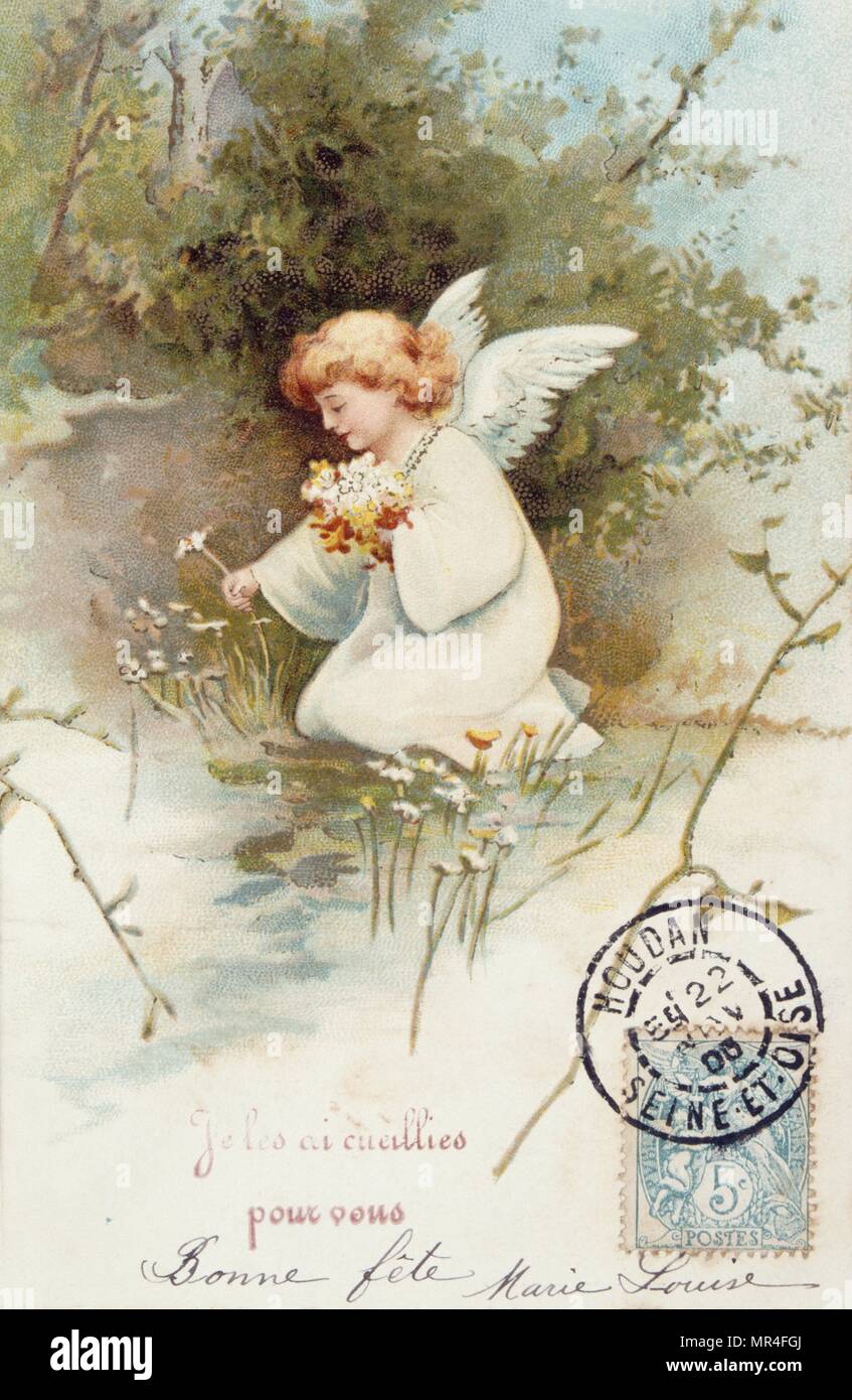 Französische Postkarte mit Bilder von einem Engel mit Blumen 1900 Stockfoto