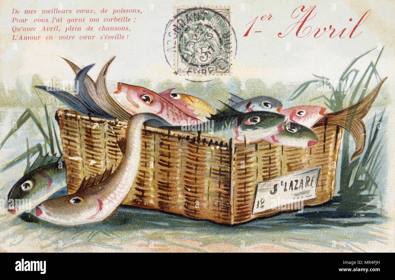 Französische Postkarte mit Bild aus einem Korb von Fischen Stockfoto