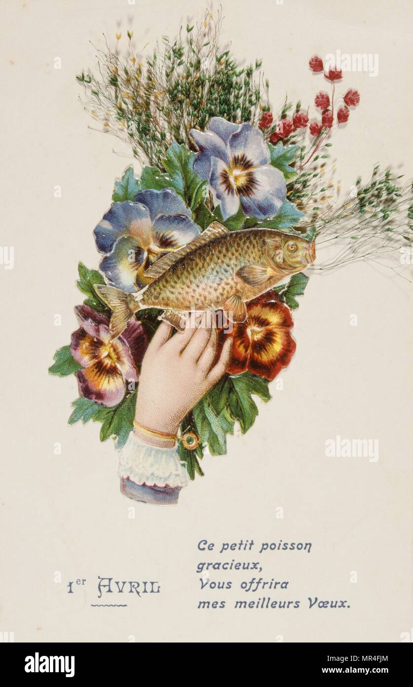 Französische Postkarte mit Bild einer Hand, Fisch und Blumen Stockfoto