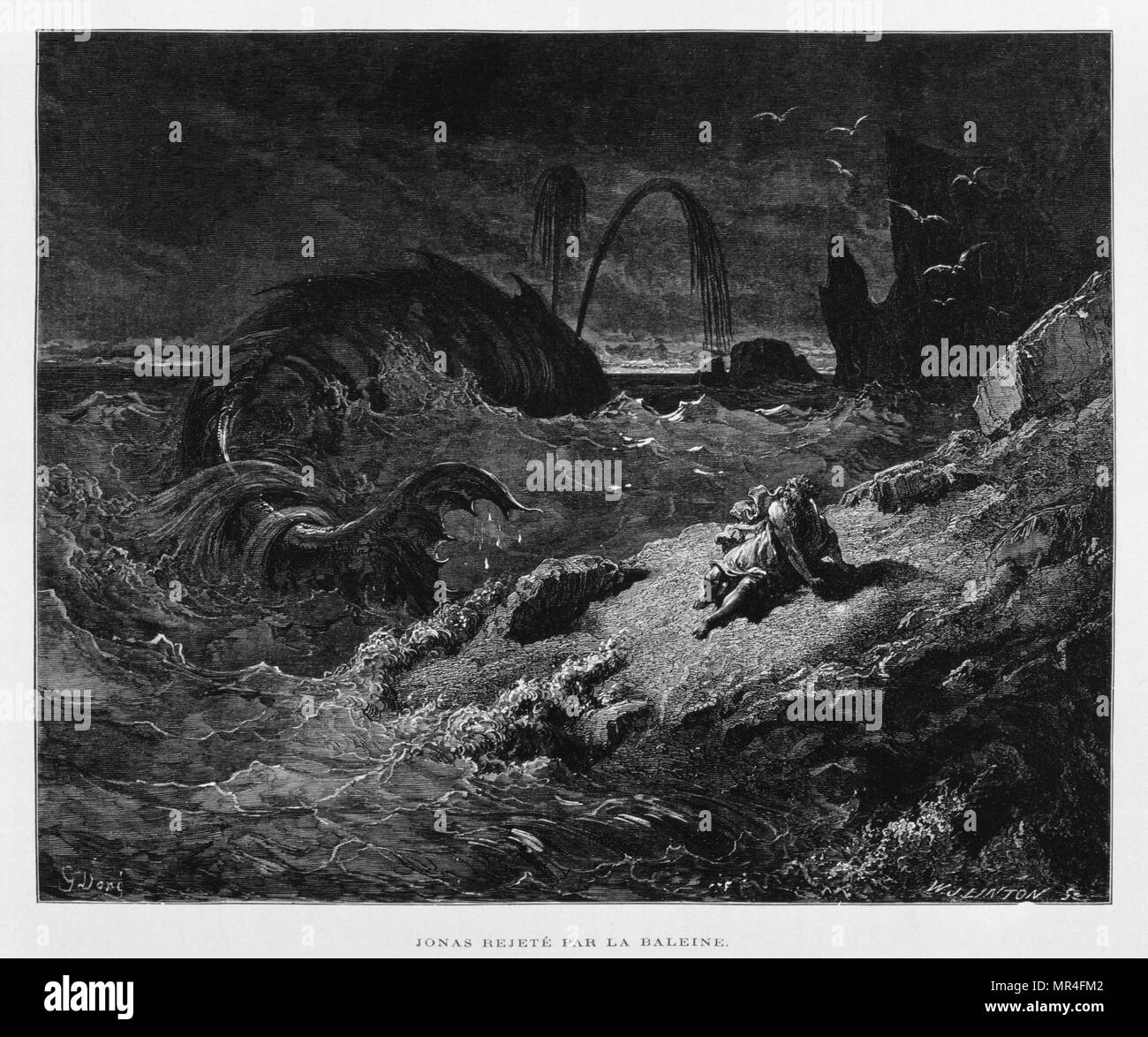 Jona auf das trockene [Land] ausgeworfen, die von der Wal, Abbildung aus dem Dore Bibel 1866. In 1866 wurde der französische Künstler und Illustrator Gustave Doré (1832-1883), veröffentlichte eine Reihe von 241 Holz Gravuren für eine neue Deluxe Edition der 1843 Französische Übersetzung der Vulgata Bibel, im Volksmund als die Bibel de Touren bekannt. Diese neue Ausgabe wurde bekannt als La Grande Bibel de Tours und seine Illustrationen waren außerordentlich erfolgreich. Stockfoto