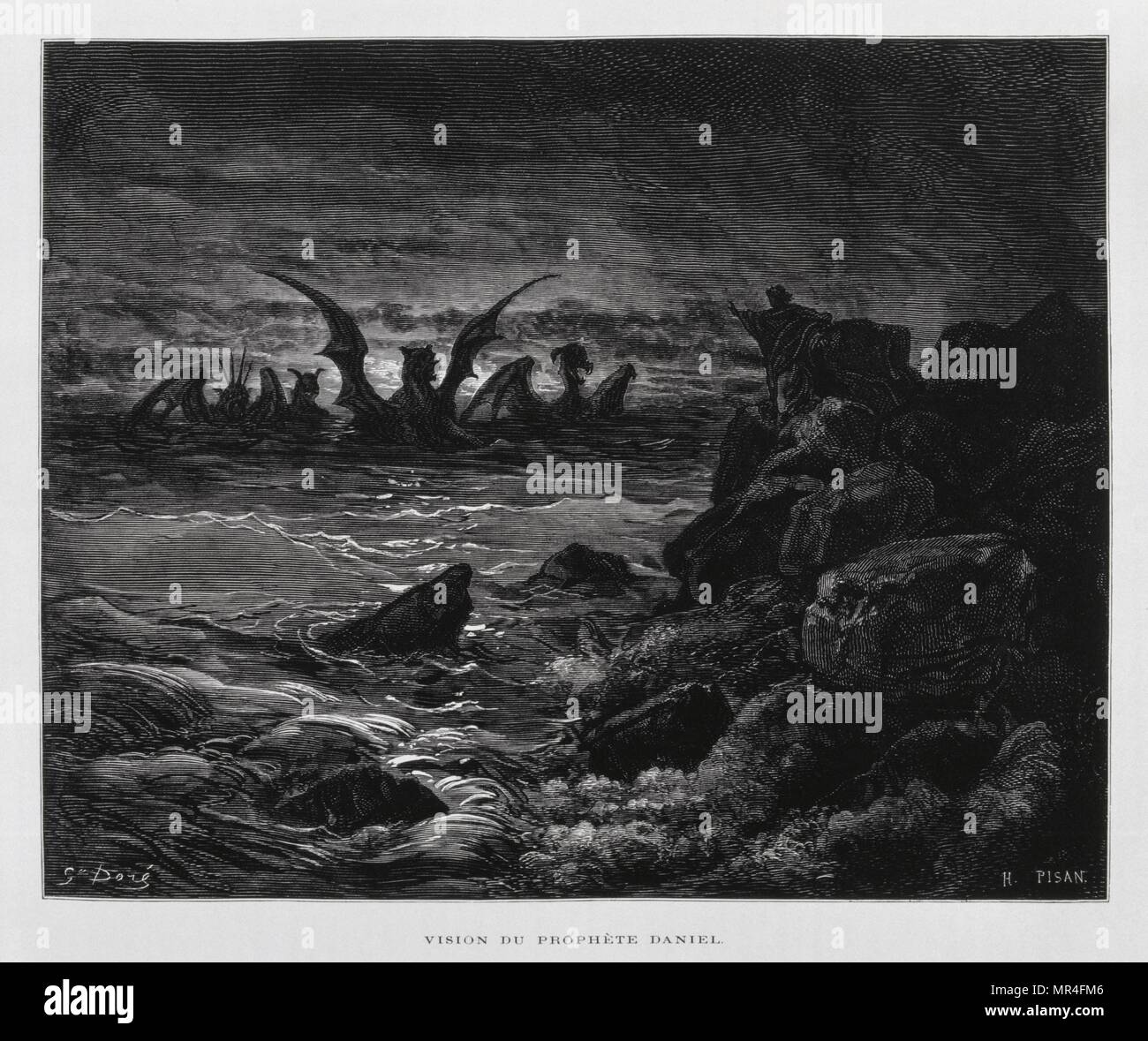 Vision des Propheten Daniel, Abbildung aus dem Dore Bibel 1866. In 1866 wurde der französische Künstler und Illustrator Gustave Doré (1832-1883), veröffentlichte eine Reihe von 241 Holz Gravuren für eine neue Deluxe Edition der 1843 Französische Übersetzung der Vulgata Bibel, im Volksmund als die Bibel de Touren bekannt. Diese neue Ausgabe wurde bekannt als La Grande Bibel de Tours und seine Illustrationen waren außerordentlich erfolgreich. Stockfoto