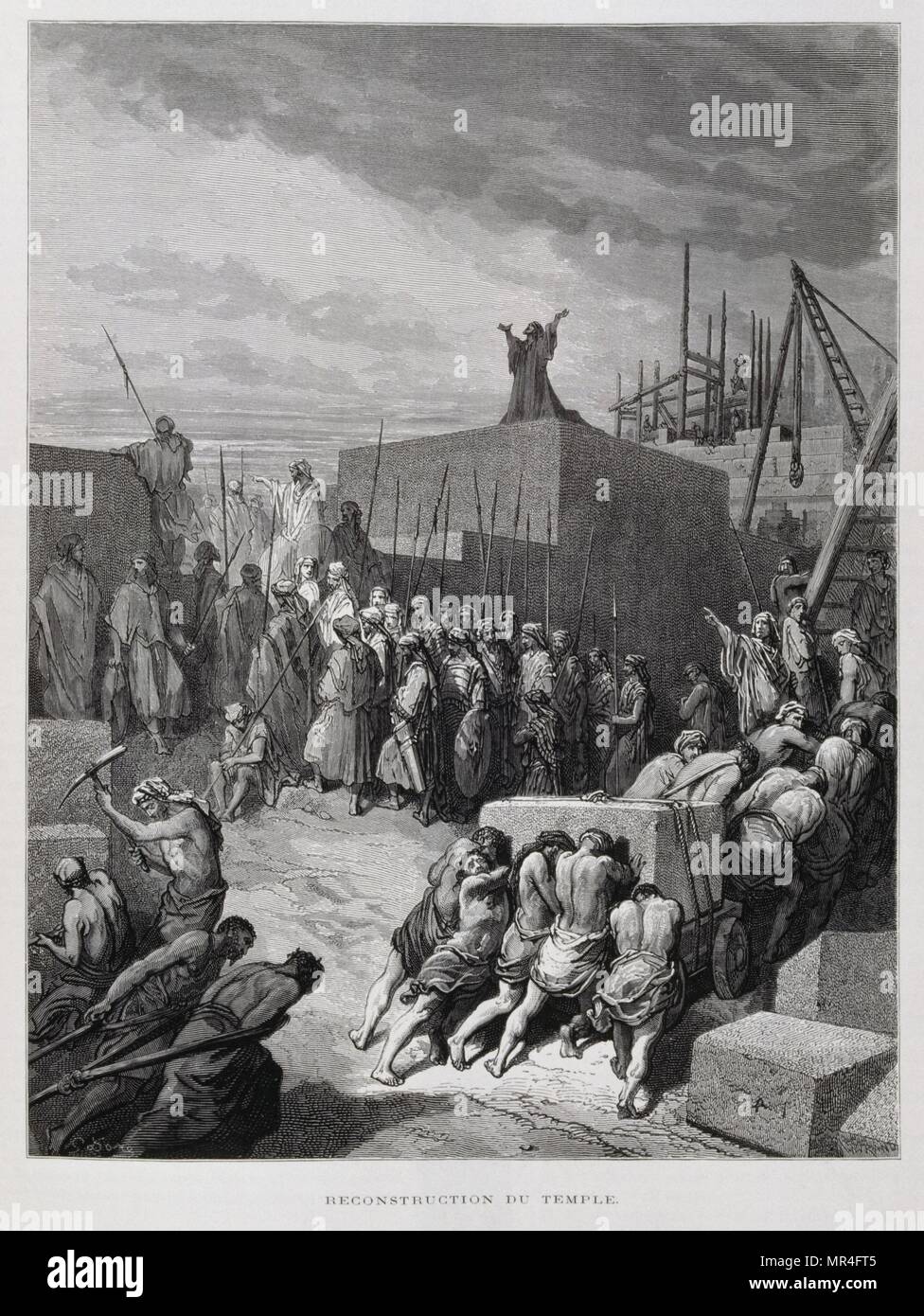 Wiederaufbau des Tempels in Jerusalem, Abbildung aus dem Dore Bibel 1866. In 1866 wurde der französische Künstler und Illustrator Gustave Doré (1832-1883), veröffentlichte eine Reihe von 241 Holz Gravuren für eine neue Deluxe Edition der 1843 Französische Übersetzung der Vulgata Bibel, im Volksmund als die Bibel de Touren bekannt. Diese neue Ausgabe wurde bekannt als La Grande Bibel de Tours und seine Illustrationen waren außerordentlich erfolgreich. Der Beitritt von Kyros des Persischen Reiches in 559 B.C.E machte die Wiedereinsetzung der Stadt Jerusalem und den Wiederaufbau des Tempels möglich. Stockfoto