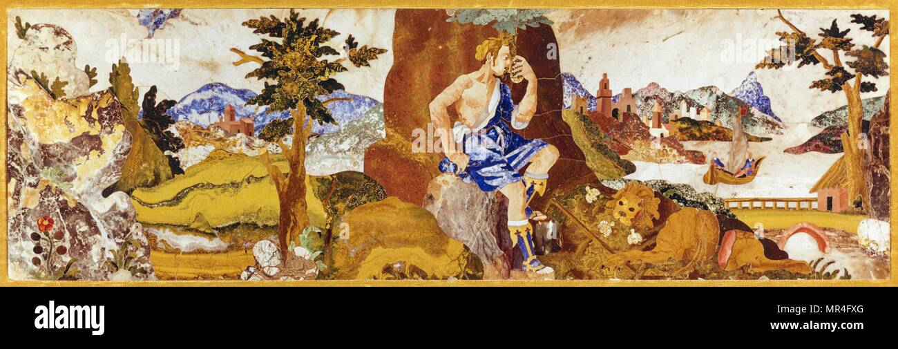 König David in der Wüste mit Löwen. 17. jahrhundert Amber und Lapis Lazuli Mosaik (Italienisch), am Opificio delle Pietre dure, (Workshop von Halbedelsteinen) Museum in Florenz. Stockfoto