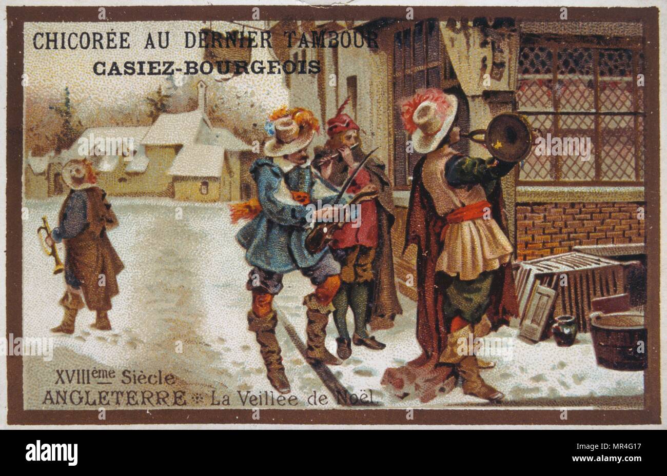 Leibig Karte zeigt siebzehnten Jahrhundert Englisch Straßenmusikanten spielen zu Weihnachten. 1900 Stockfoto