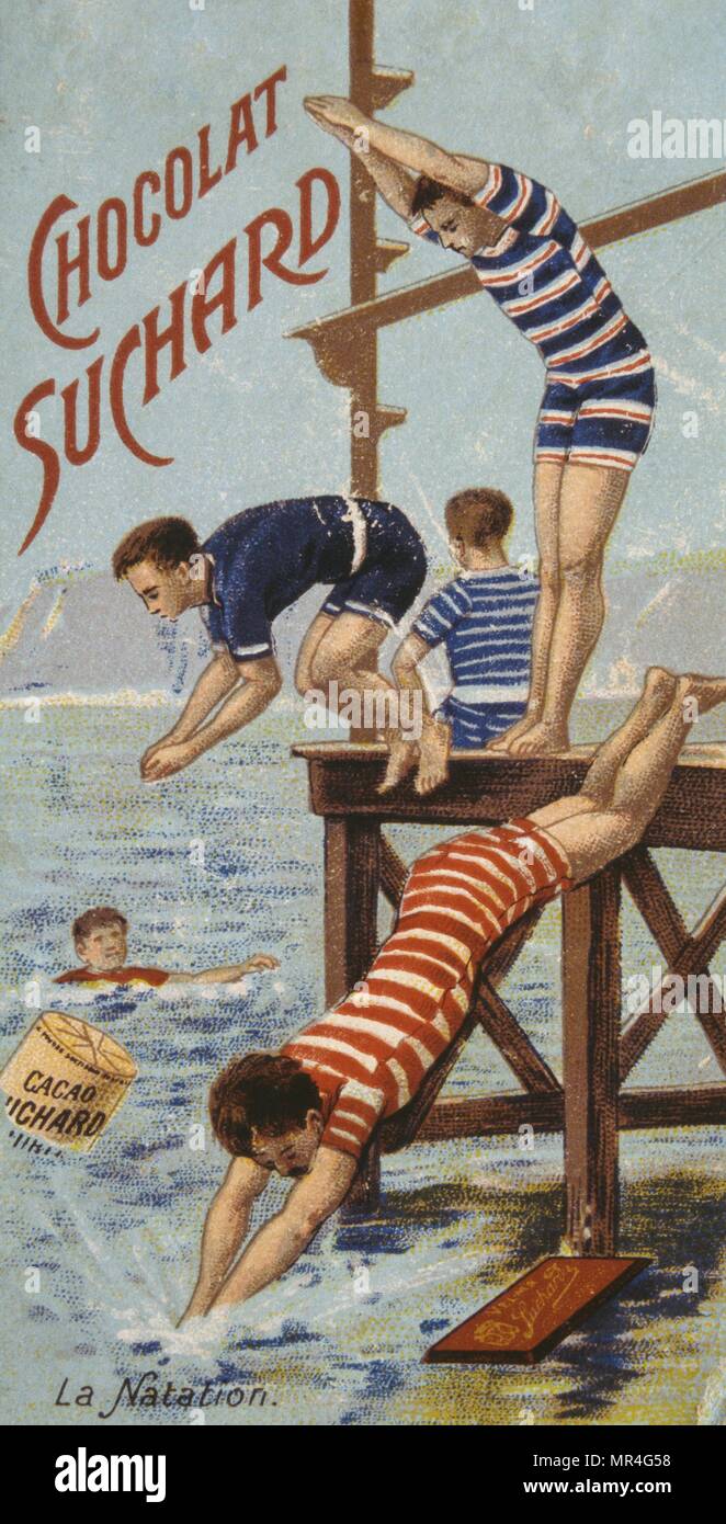 Französische Postkarte für Schokolade Suchard, datiert um 1900 und zeigt junge Männer Tauchen ins Meer Stockfoto