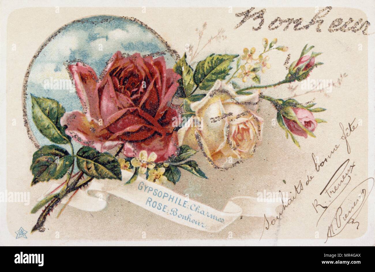 Französische Postkarte mit floralen Elementen 1900 Stockfoto