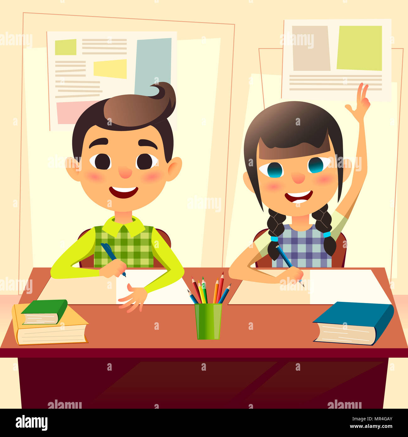 Gluckliche Kinder In Der Schule Zicklein An Der Schule In Der Klasse Der Junge Schreibt Die Zuordnung Im Notebook Madchen Mit Zwei Fingern Bis Zur Antwort Cartoon Flachbild Studenten Zeichen Zuruck Zum