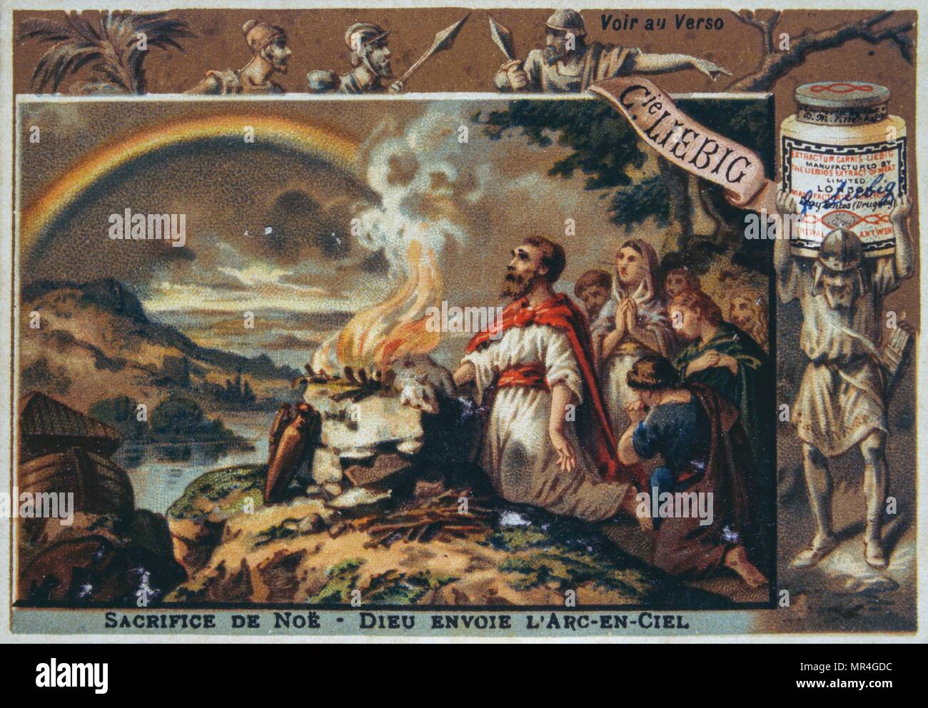 Leibig Karte Darstellung einer biblischen Szene: Noah macht ein Opfer Stockfoto