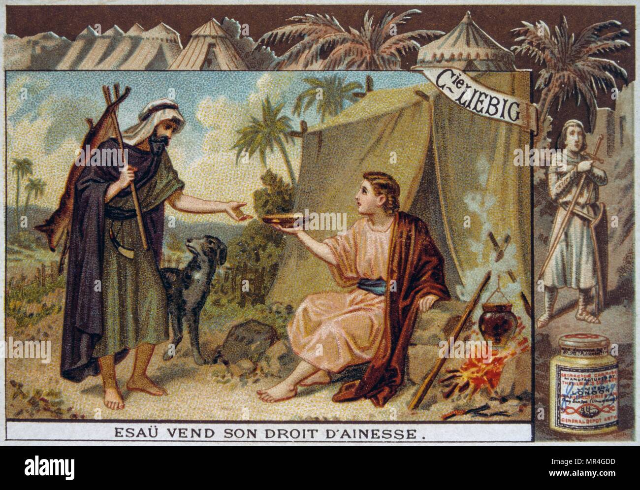 Leibig Karte Darstellung einer biblischen Szene: Esau nimmt seine Geburt rechts Stockfoto