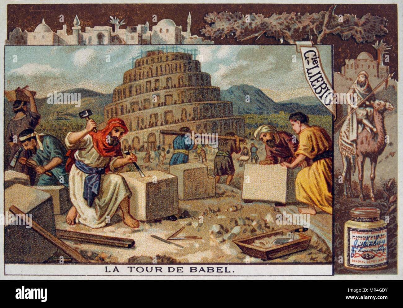 Leibig Karte Darstellung einer biblischen Szene: Der Turm von Babel. Der  Turm zu Babel ist gedacht, um zu erklären, warum Völker der Welt  unterschiedliche Sprachen sprechen. Nach der Geschichte, einer geeinten  Menschheit