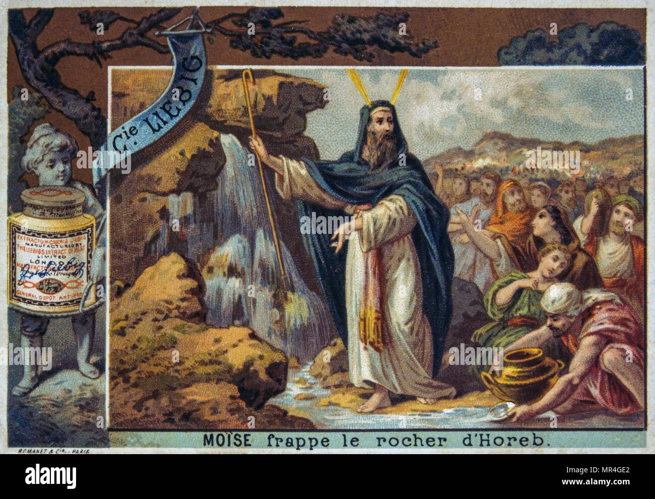 Leibig Karte Darstellung einer biblischen Szene: Mose Wasser aus einem Felsen Stockfoto