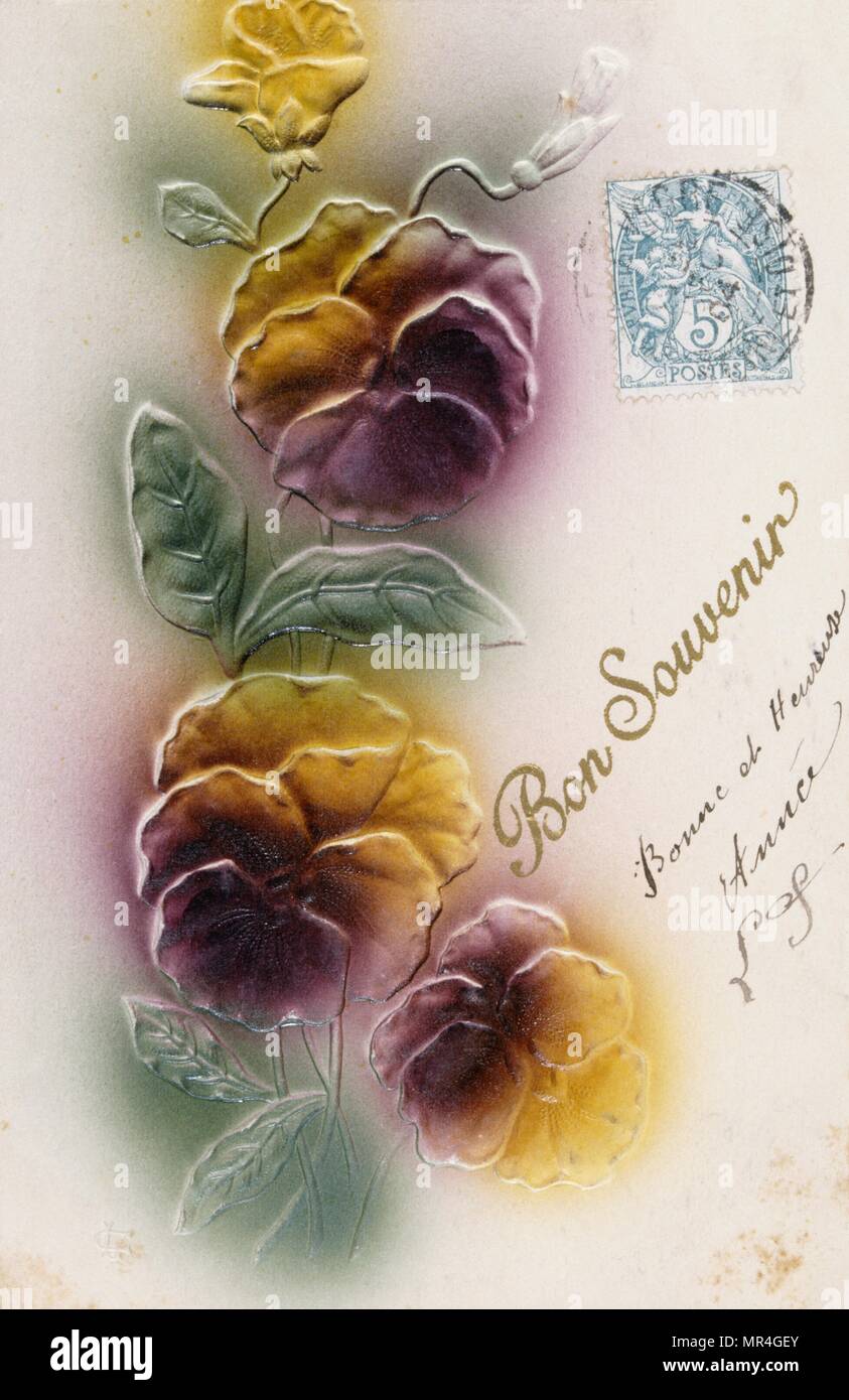 Französische Geburtstagskarte mit floralen Elementen 1900 Stockfoto