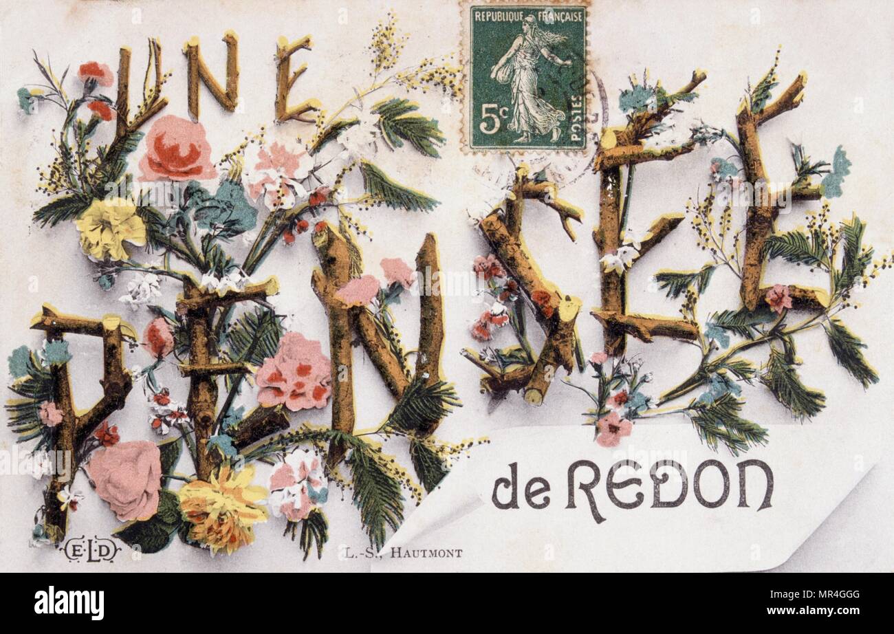 Französische Grußkarte mit Zweigen Schreibung 'Pensee (Gedanken) als dekoratives Element 1900 Stockfoto