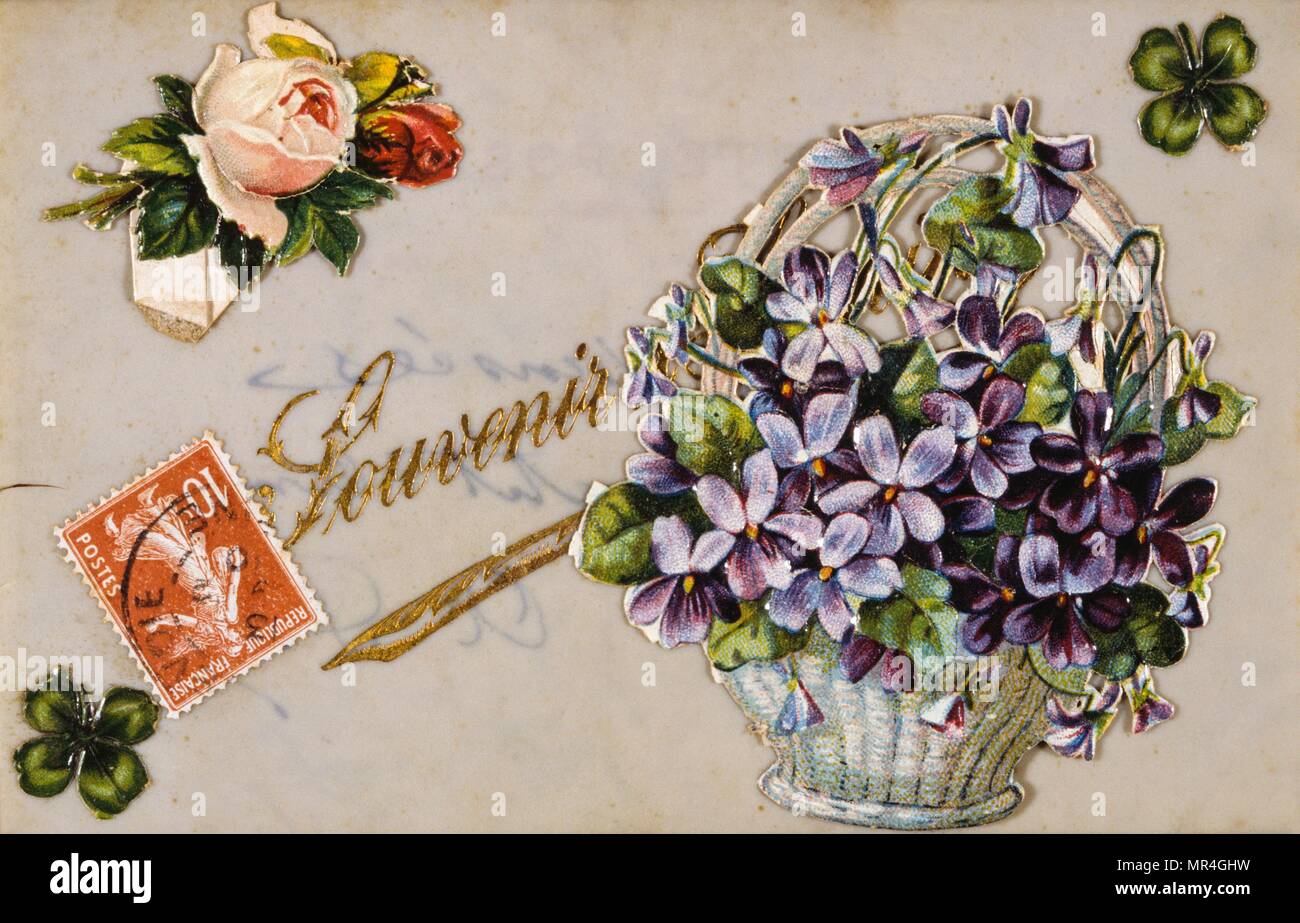 Französische Grußkarte mit floralen Elementen 1900 Stockfoto