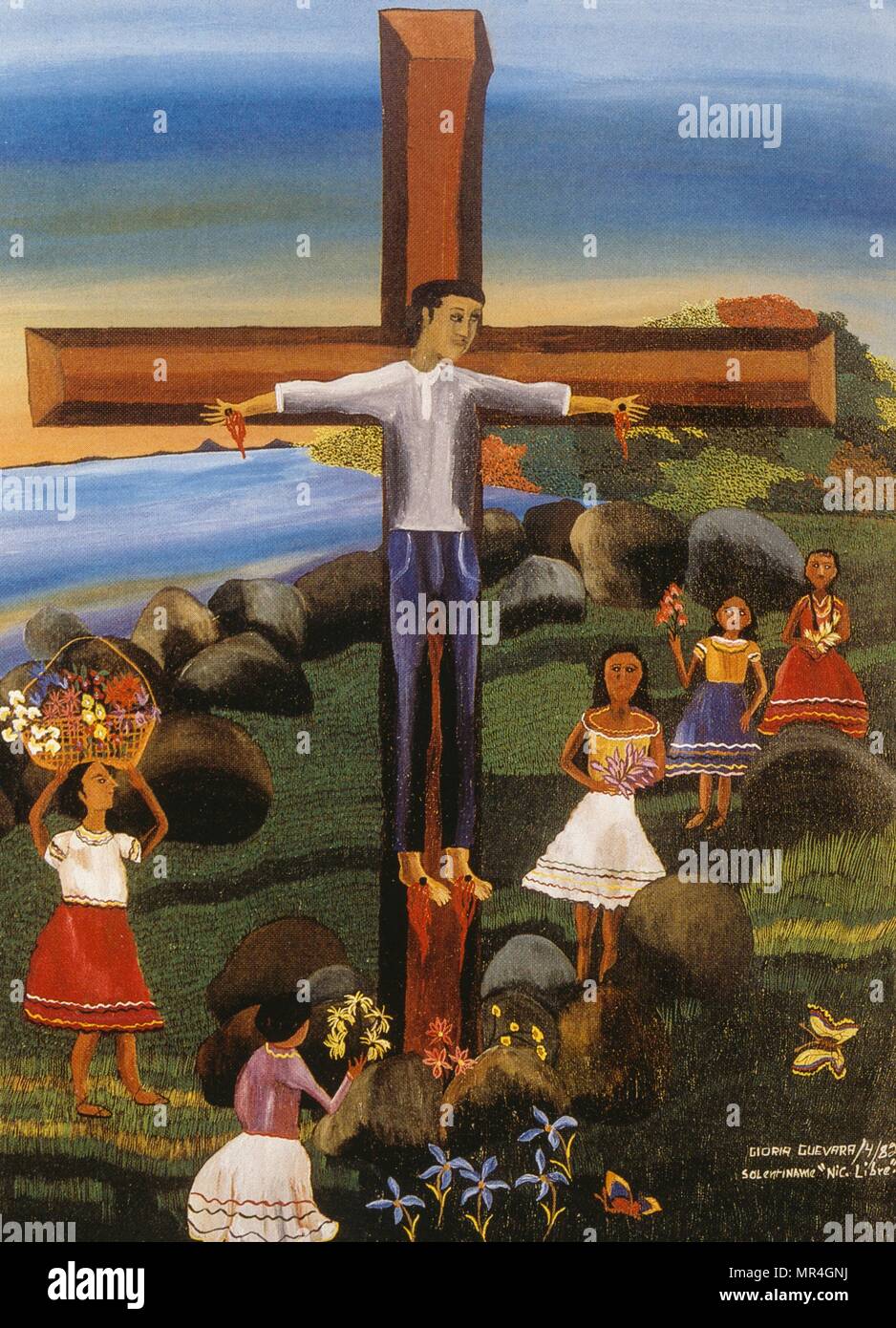 Propaganda Gemälde der Darstellung ein Rebell Guerilla als den gekreuzigten Christus, von Gloria Guevara (Nicaraguanische Maler des 20. Jahrhunderts). Stockfoto