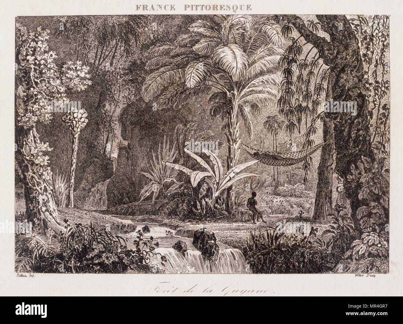 Kupferstich mit der Darstellung der französischen Kolonie Guyana in Südamerika 1850 Stockfoto