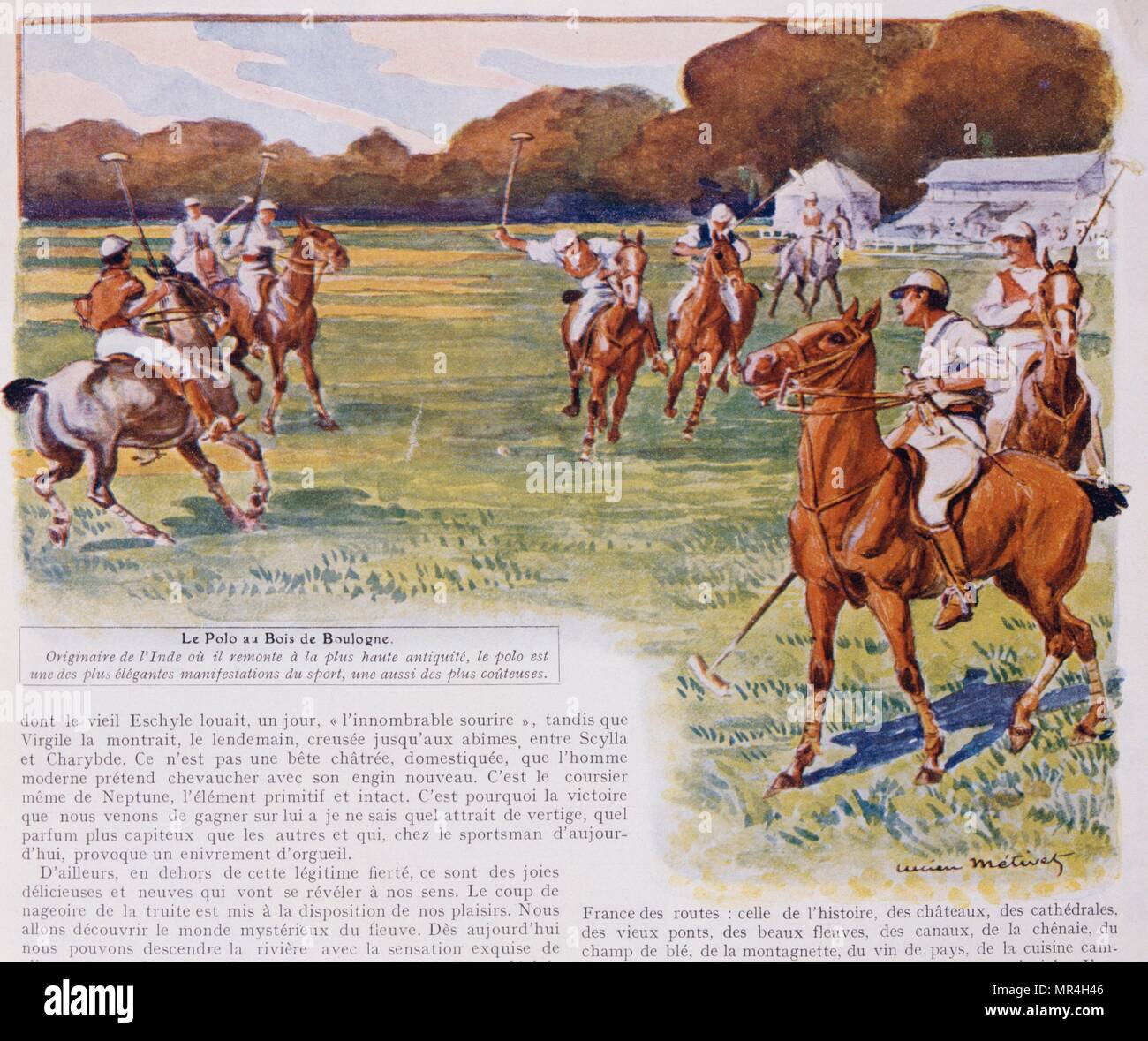 Abbildung: Darstellung von Pferd und Reiter in einem Polo Match in Paris 1900 Stockfoto