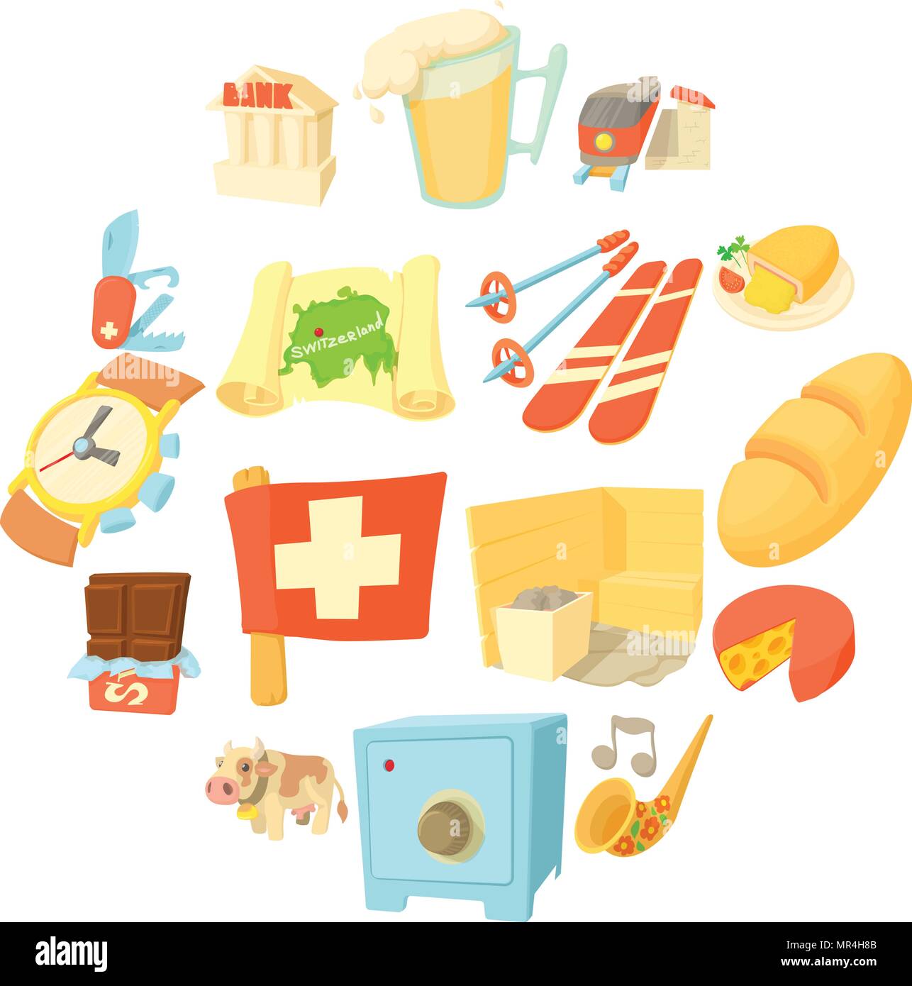 Schweiz-Reise-Ikonen-Set, Cartoon-Stil Stock Vektor