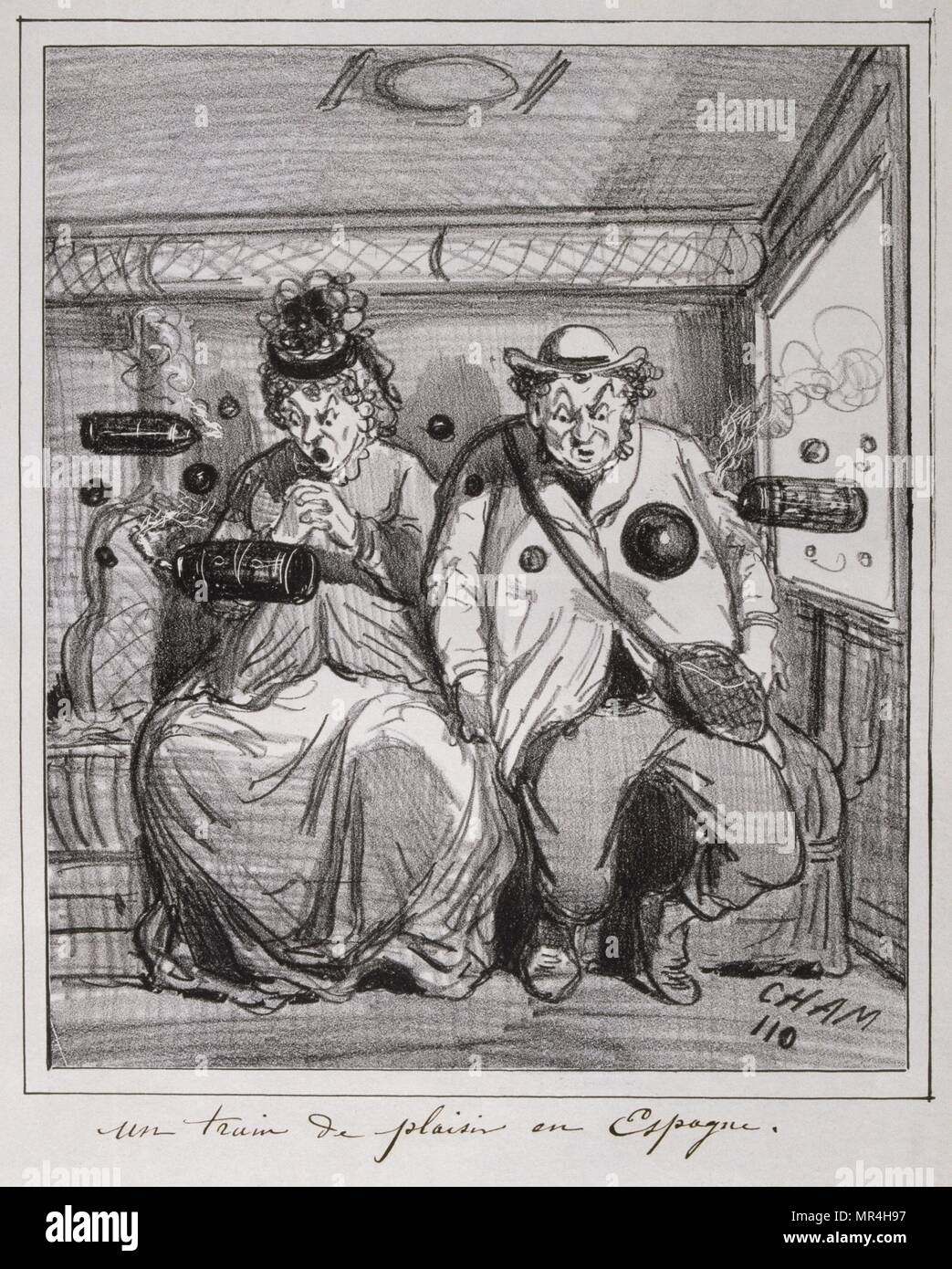 Mitte des 19. Jahrhunderts französisch Abbildung: zwei Passagiere in einem Eisenbahnwaggon. 1850 Stockfoto