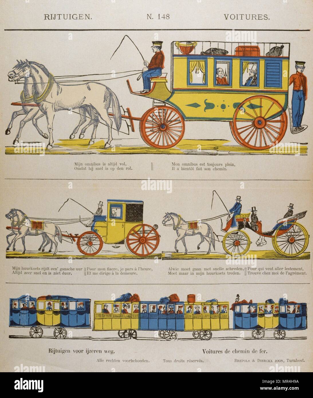 Französisch aus dem frühen 19. Jahrhundert, Farbe Abbildung, Anzeigen von Pferden gezogene Transport und ein Zug. Stockfoto