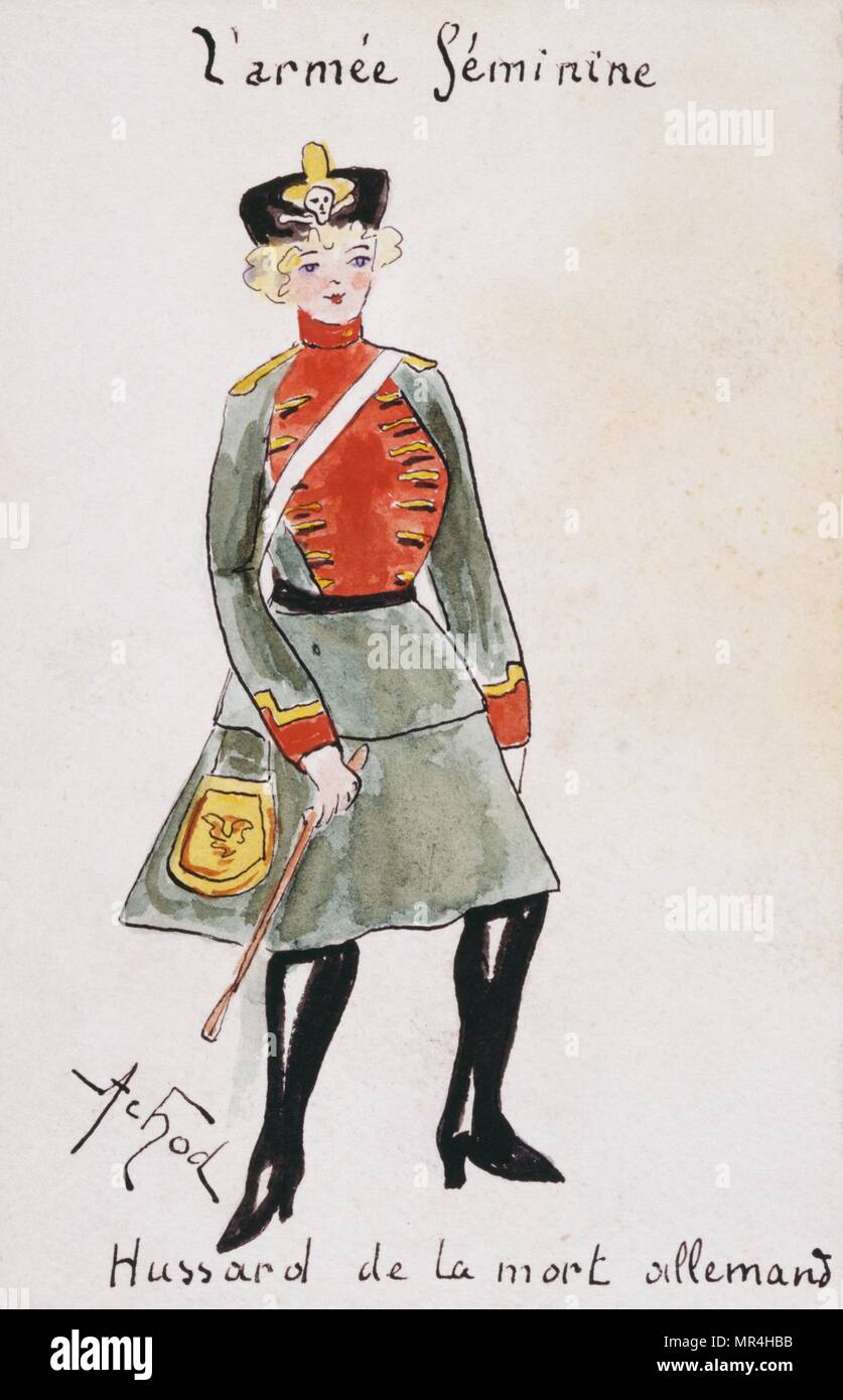 Französische Jugendstil Postkarte persiflieren Frauen in Uniform 1900: Deutsche Hussar Stockfoto