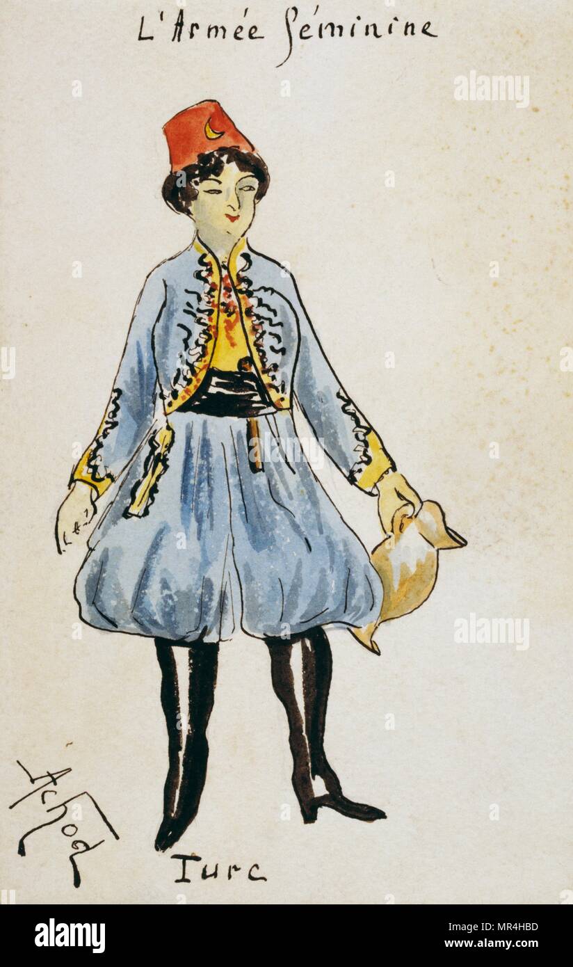 Französische Jugendstil Postkarte persiflieren Frauen in Uniform 1900: türkischer Soldat Stockfoto