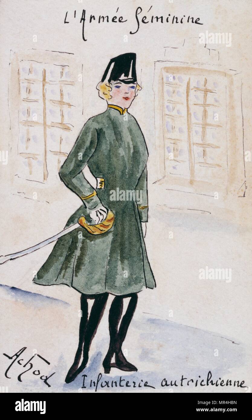 Französische Jugendstil Postkarte persiflieren Frauen in Uniform 1900: Österreichische Infanterie Stockfoto