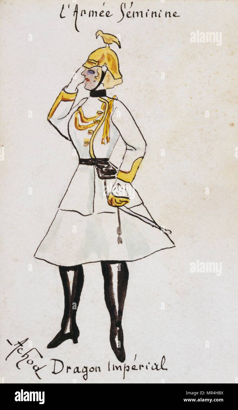 Französische Jugendstil Postkarte persiflieren Frauen in Uniform 1900: Deutsche Kaiserliche Dragoner Stockfoto