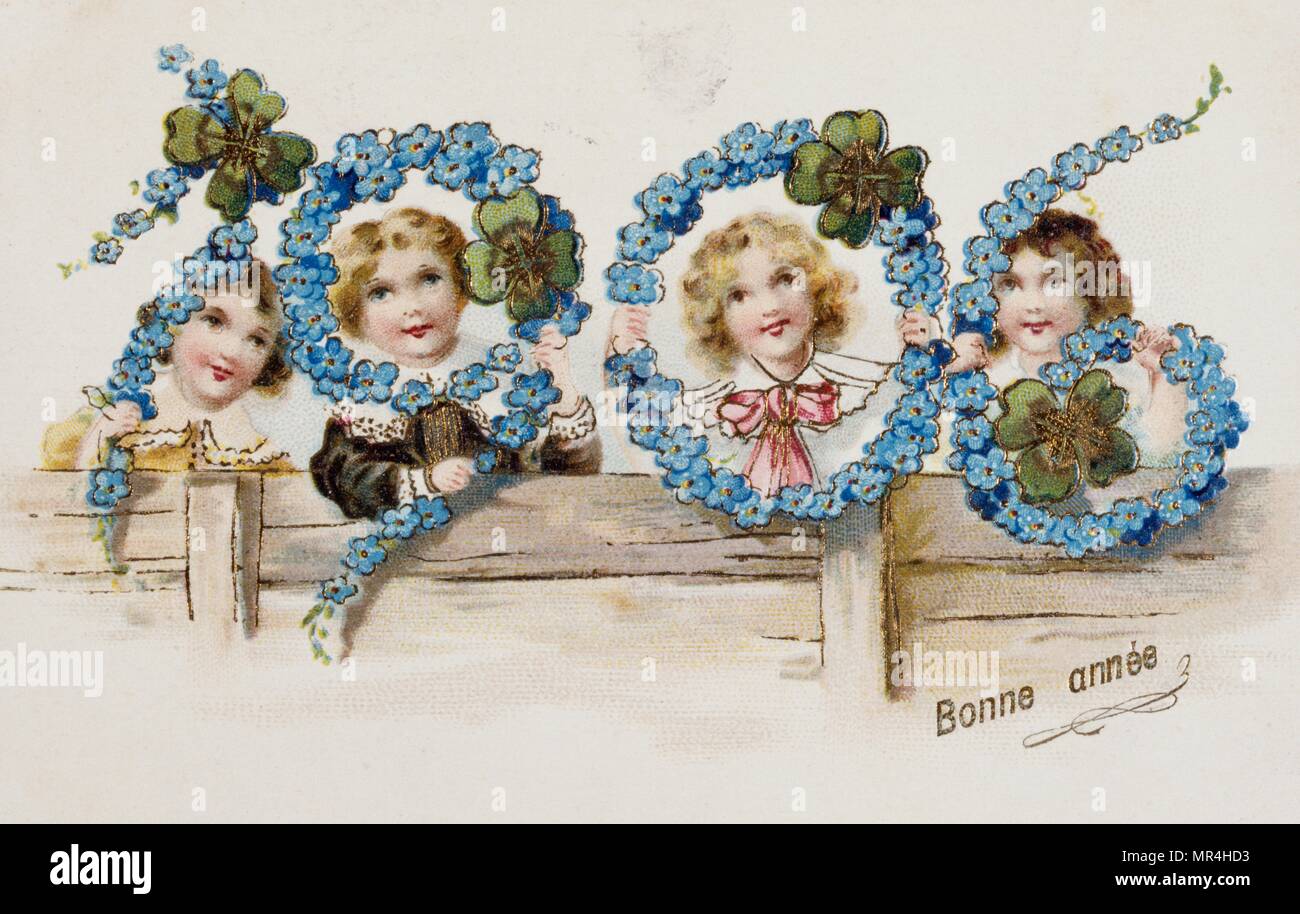Französische neues Jahr Postkarte Darstellung Kinder und Girlanden aus Blumen 1900 Stockfoto