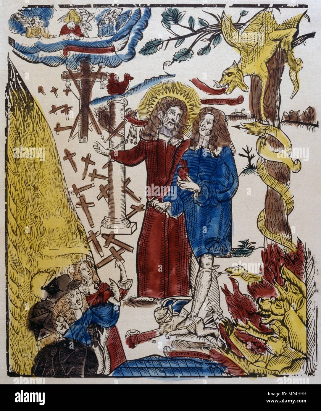 Farbige Holzschnitt Abbildung: Figuren, die Laster und Tugend. Teufel sind zu sehen, die versuchen, Sünde zu verführen. Französisch um 1830 Stockfoto