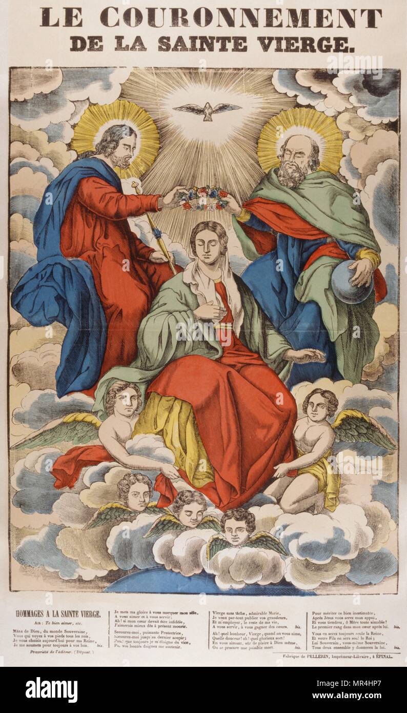 Jahrhundert, Französisch, Abbildung, zeigt die Krönung der Jungfrau Maria mit Jesus. Ca. 1820 Stockfoto