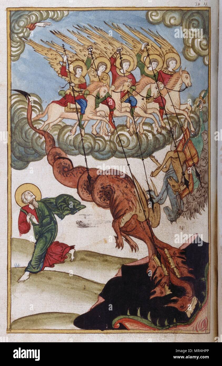 Russisch-orthodoxe Miniatur, St. John, die fünf Reiter und der Drache. Aus der Apokalypse des heiligen Johannes. Ca. 1750 Stockfoto