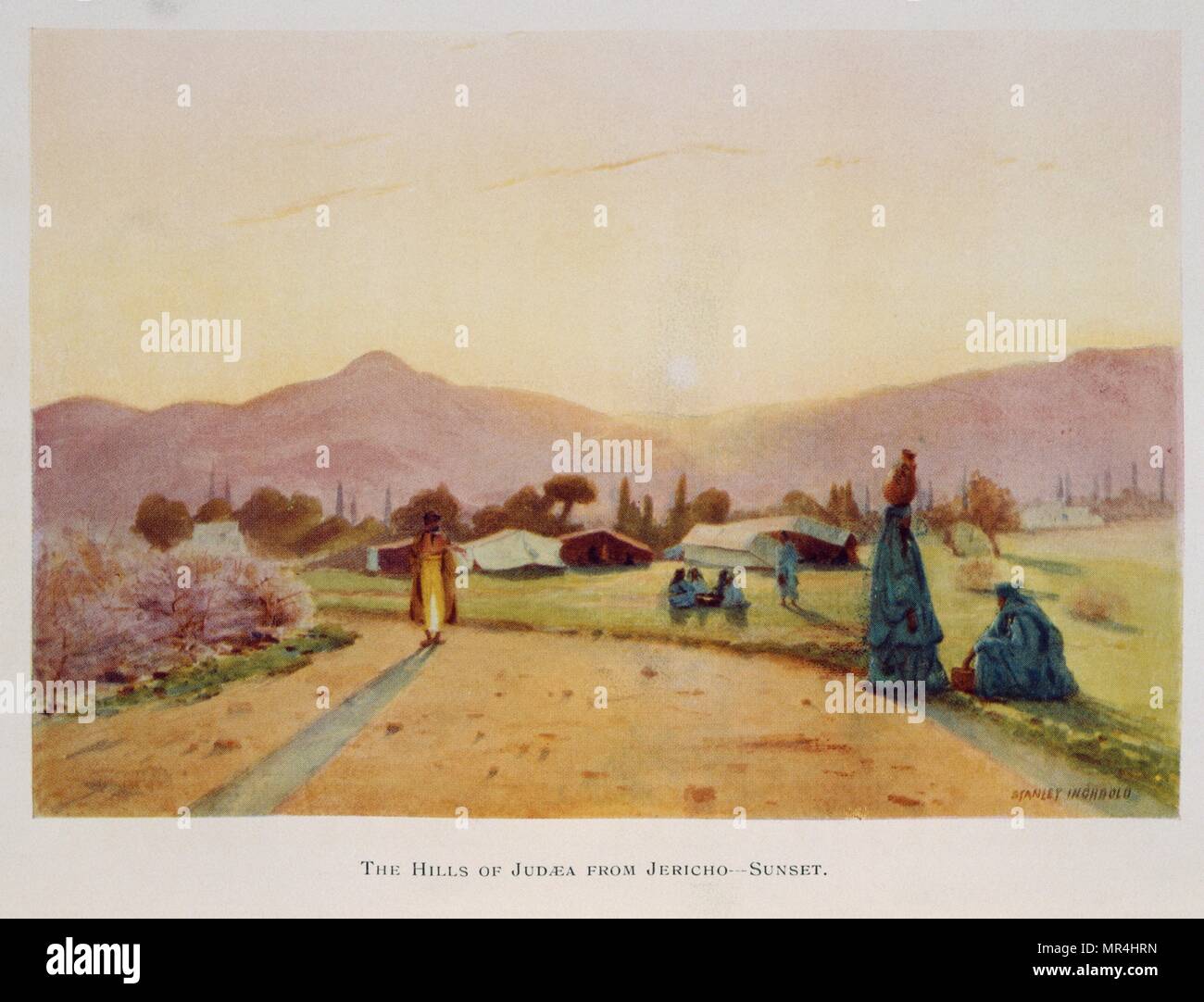 Aquarell von Stanley Inchbold, Darstellung der Jordan Valley nach Judäa bei Sonnenuntergang Stockfoto