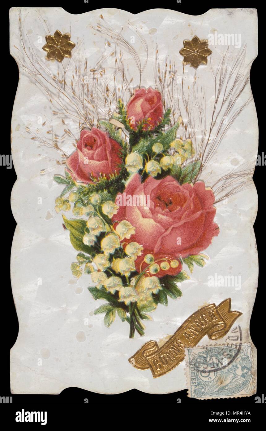 Vintage französische Postkarte illustriert mit rosa Rosen. 1900 Stockfoto