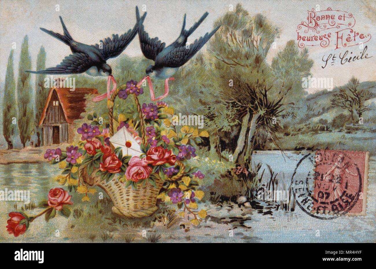 Vintage französische Postkarte illustriert mit Vögel und einen Korb mit Blumen. 1905 Stockfoto