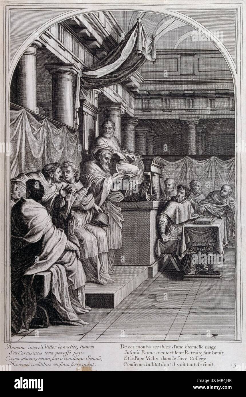 Illustration aus "La vie de St. Bruno, fondateur de l'Ordre des Chartreux", Paris 1660. Nach dem Gemälde von Eustache Le Sueur und von Francois Chauveau eingraviert Stockfoto