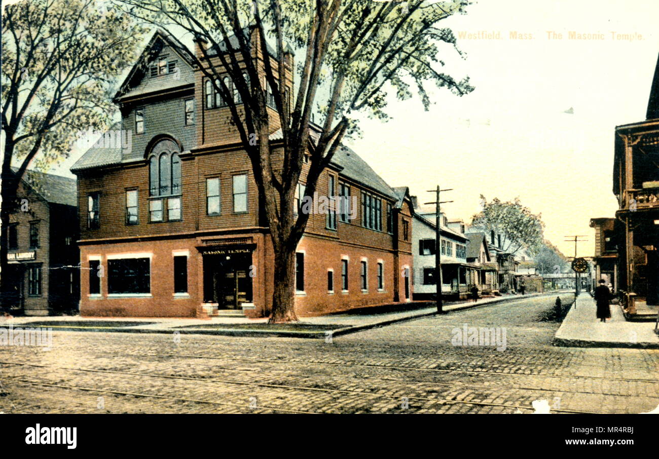 Masonic Temple am Westfield, Massachusetts, USA. Postkarte ca. 1920 Stockfoto