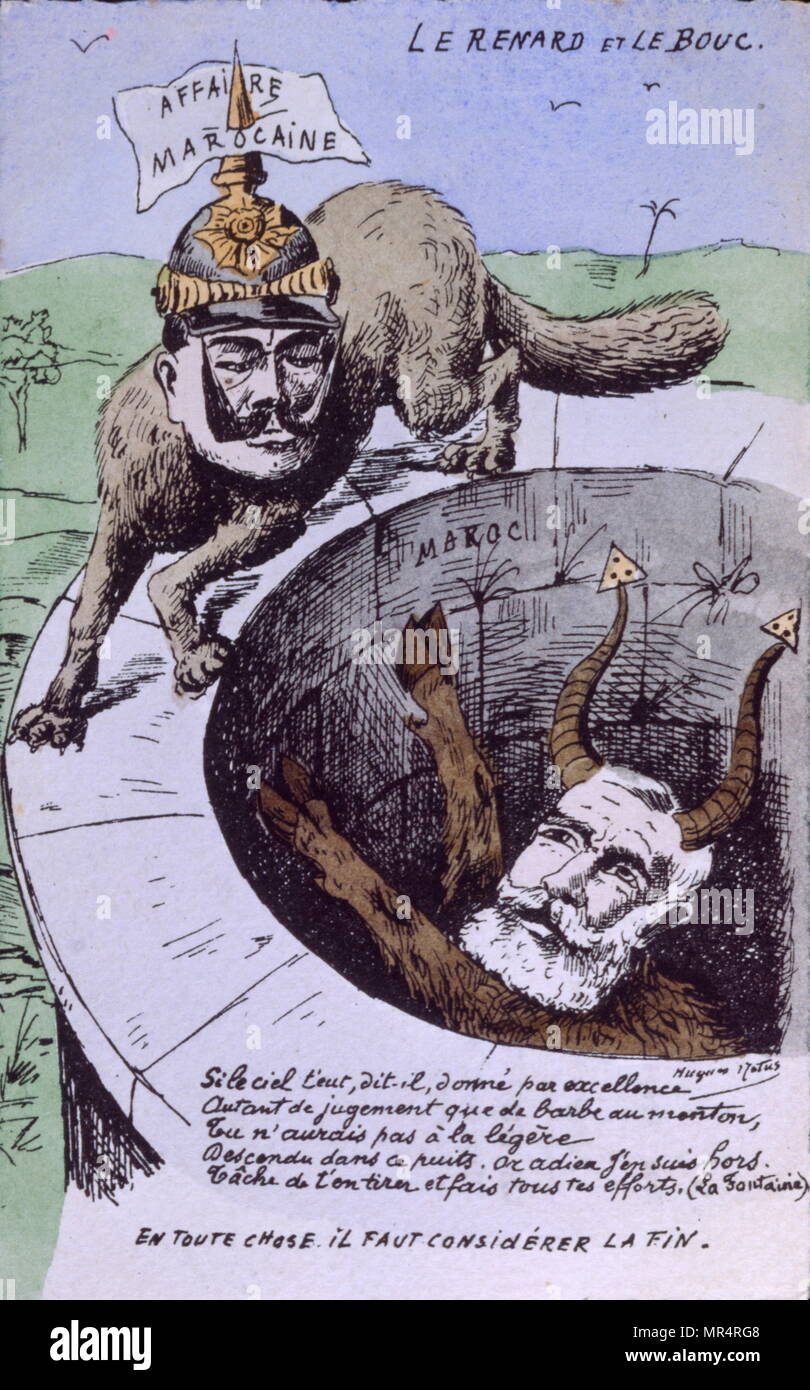 Französische satirische Postkarte 1906. Darstellung der Protagonisten der Algeciras Konferenz. Es Karikaturen Emile Loubet, Präsident von Frankreich (1899 - 1906) und der Deutsche Kaiser Wilhelm II. (1859-1941). Die algeciras Konferenz 1906 fand in Algeciras, Spanien statt und dauerte vom 16. Januar bis 7. April. Der Zweck der Konferenz war es, eine Lösung für die Ersten Marokkokrise von 1905 zwischen Frankreich und Deutschland, die entstand als Deutschland Frankreich die Bemühung, ein Protektorat über den unabhängigen Staat Marokko reagierten zu finden. Stockfoto