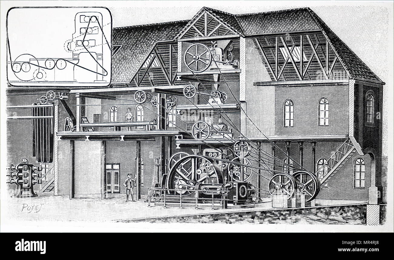 Schnittansicht des frühen 20. Jahrhunderts linoleum Werk. Abgebildet ist eine Maschine für clandering und das Beenden der Linoleum inset verwendet. Vom 20. Jahrhundert Stockfoto