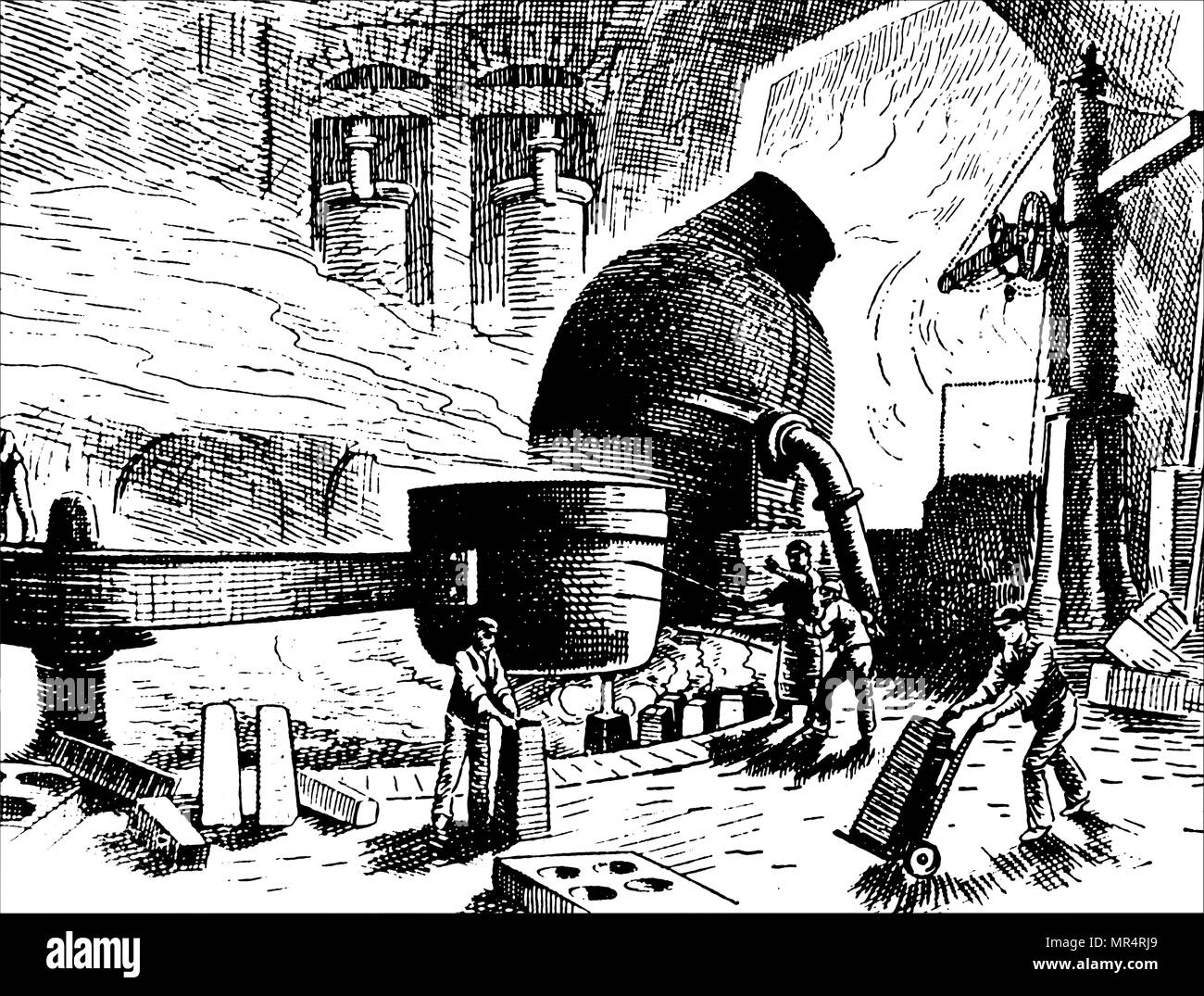 Kupferstich Mit Der Darstellung Der Bessemer Prozesses In Aktion: Rangieren  Die Kelle In Die Lage, Die Kostenlos Von Der Converter Zu Nehmen. Die  Bessemer Verfahren Zur Herstellung Von Stahl Wurde Von Henry
