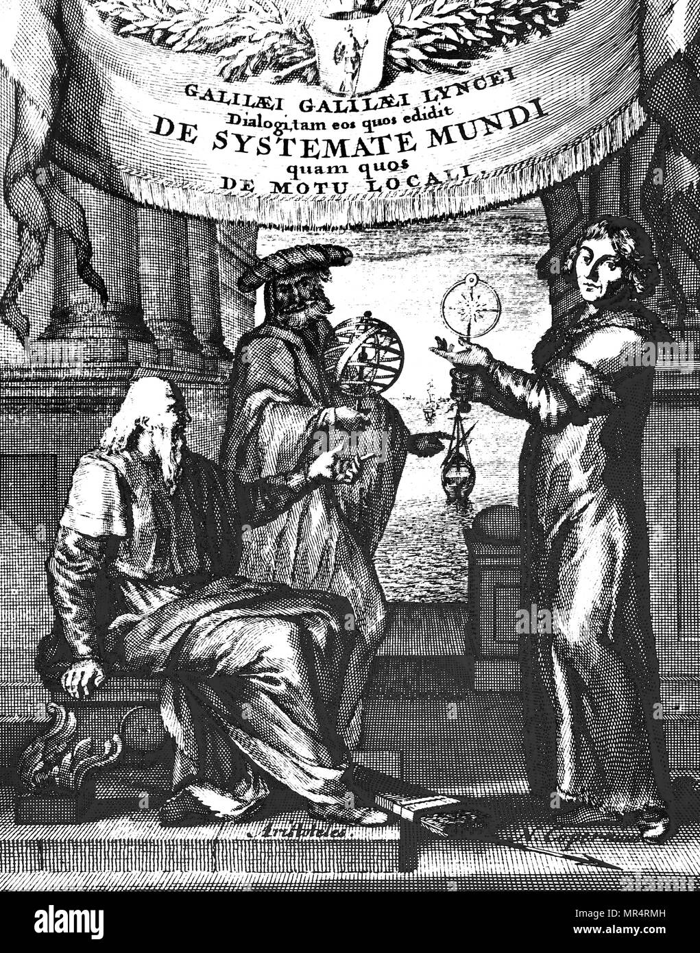 Titelseite des lateinischen Ausgabe von Galileo Dialogo (Dialog über die beiden Chief Welt Systeme) von Galileo Galilei. Galileo Galilei (1564-1642), einem italienischen Universalgelehrten. Vom 17. Jahrhundert Stockfoto