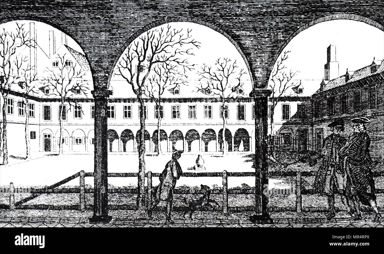 Kupferstich mit der Darstellung der Innenhof des Gresham College. Gresham College ist eine Institution der höheren Bildung am Barnard's Inn Halle aus Holborn in Central London, England. Vom 18. Jahrhundert Stockfoto