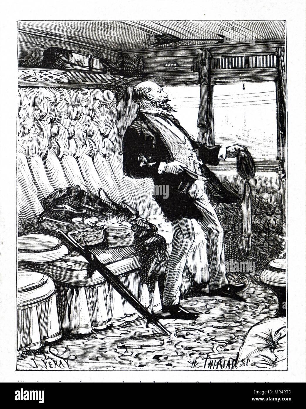Kupferstich mit der Darstellung eines Reisenden erleben die Wirkung von Westinghouse Druckluftbremse. Vom 19. Jahrhundert Stockfoto